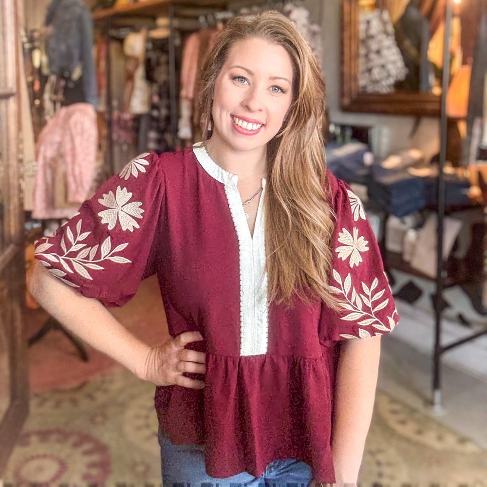 Embroidered Burgundy Women's Top